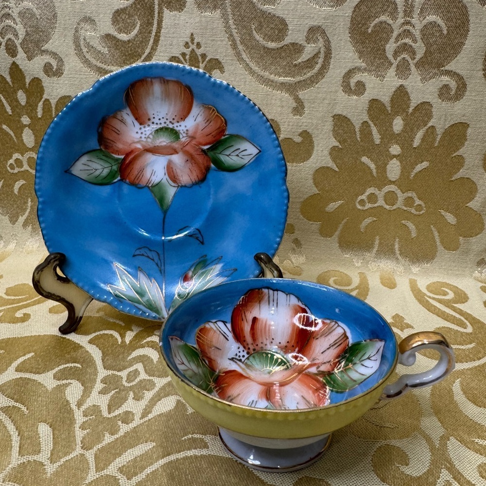 Vintage Porcelain Floral Blue Teacup and Saucer Set - Picture 2 of 4